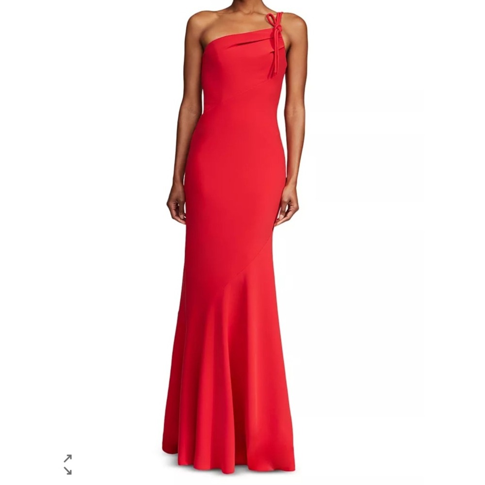 Halston Sybil One Shoulder Crepe Gown Knot Strap Flame Red Size 4